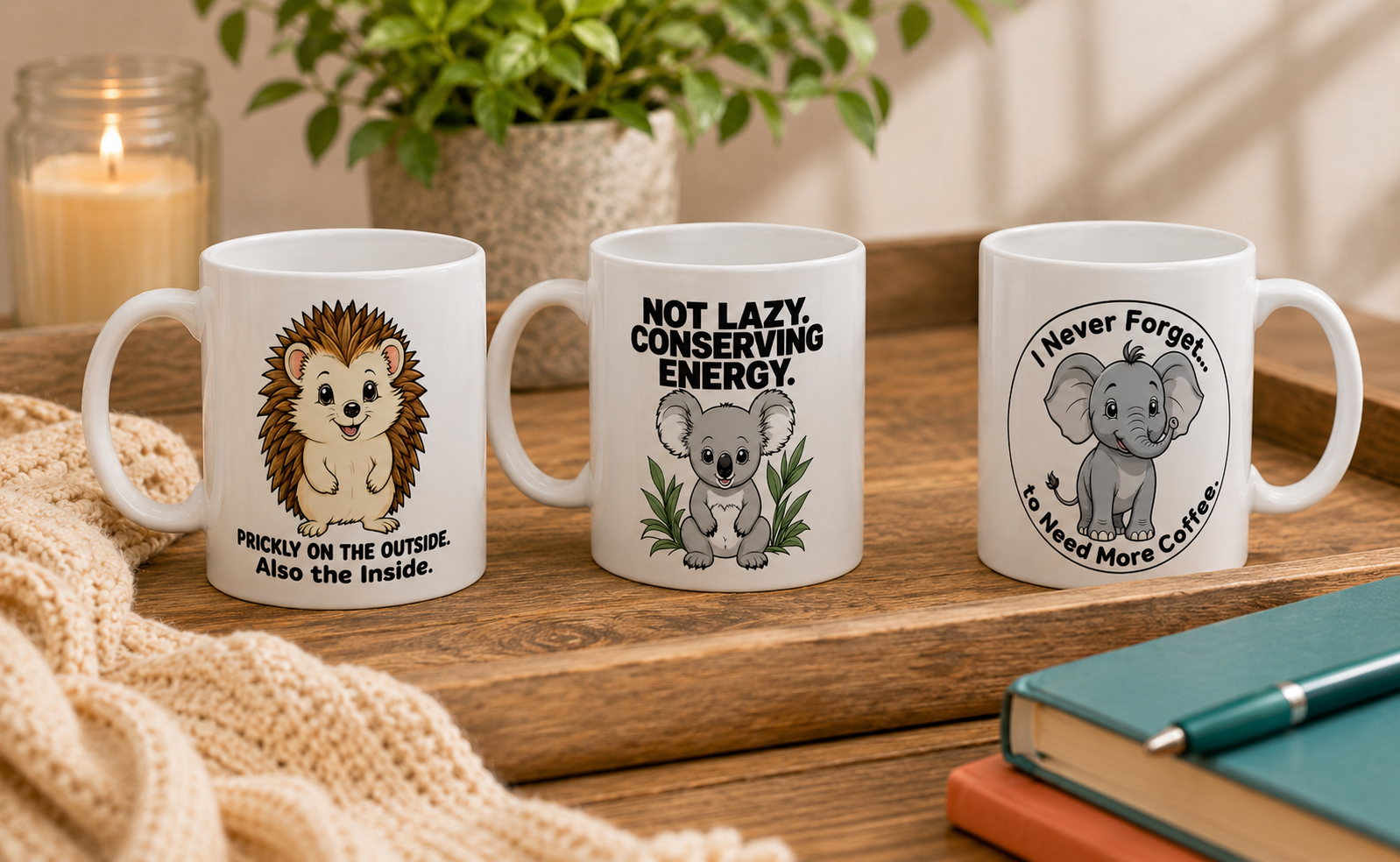 Hedgehog, Koala and Elephant gifts grouped together in a warm lifestyle scene.