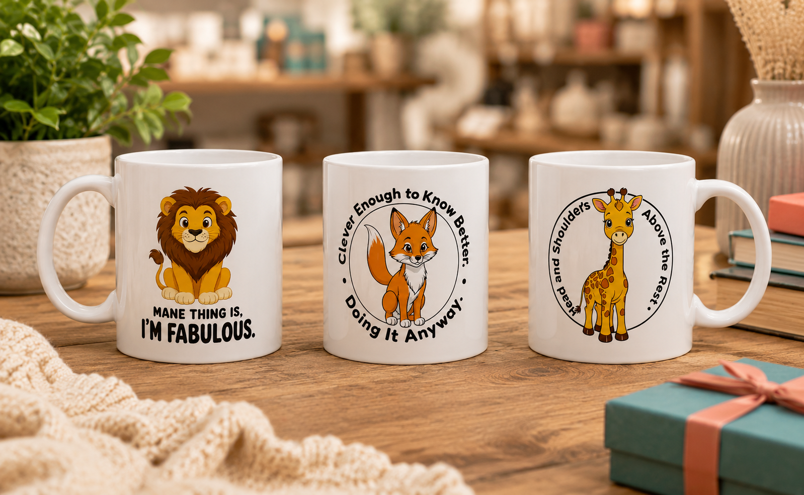 Lion, Fox and Giraffe gifts grouped together in a warm lifestyle scene.