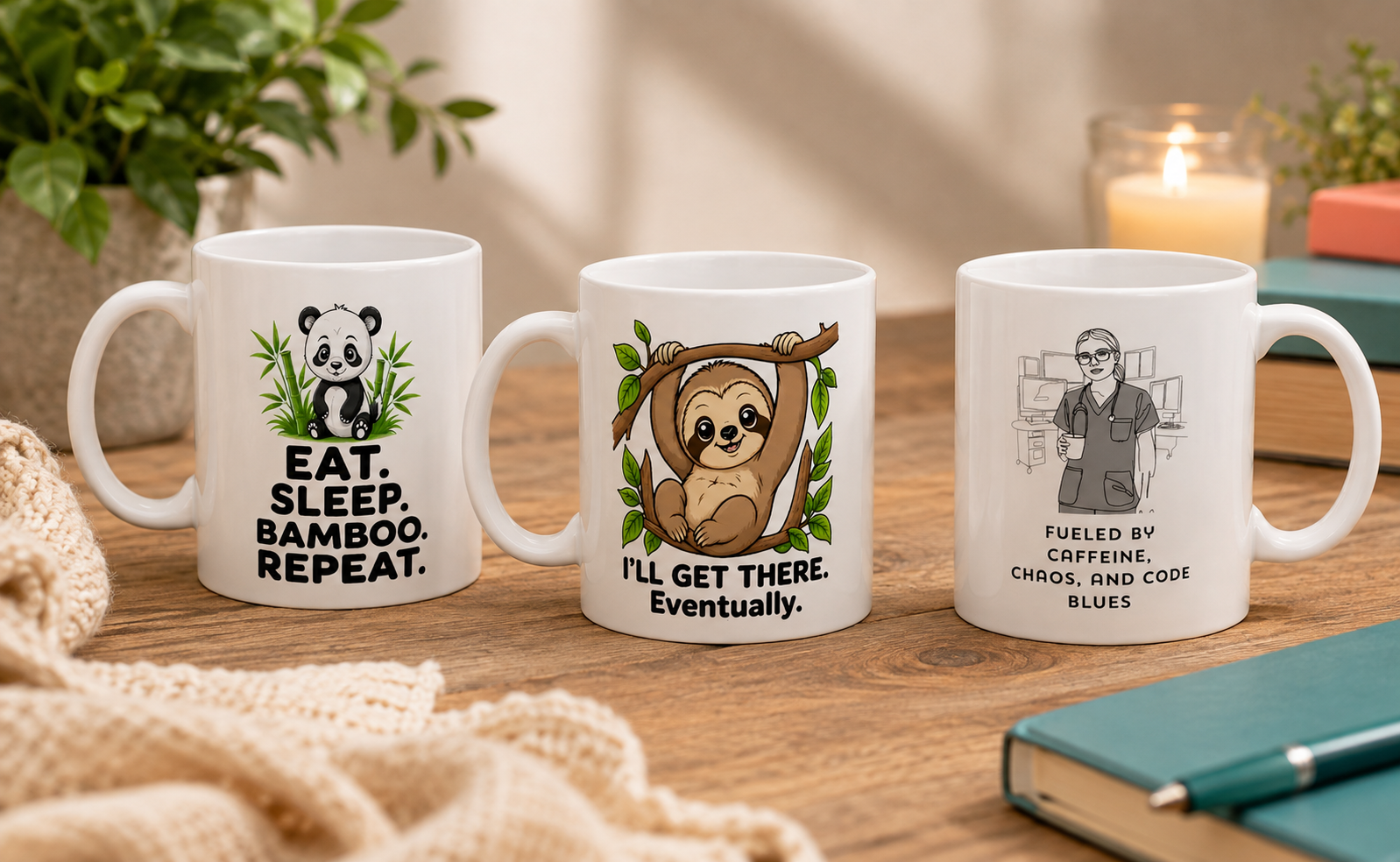 Panda, Night Shift Nurse and Sloth gifts arranged together in a warm That’s My Thing lifestyle scene