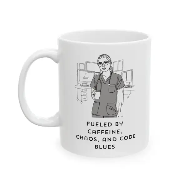 White ceramic Night Shift Nurse Mug with the Fueled by Caffeine Chaos and Code Blues design facing the camera.