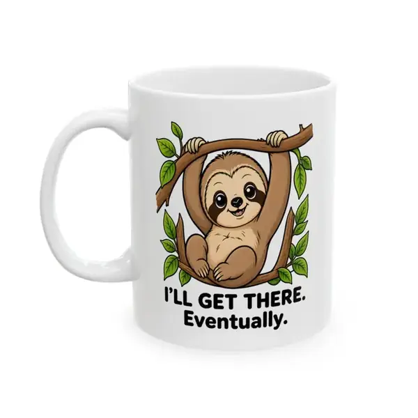 White ceramic Sloth Mug with the I’ll Get There Eventually design facing the camera.